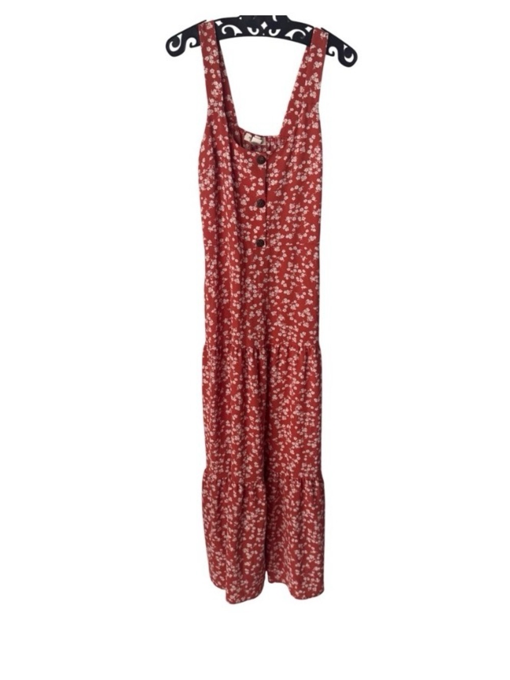 Monteau Los Angeles Rust Red Ditsy Floral Tiered Maxi Dress Small Sleeveless